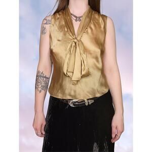 Y2k The Limited Gold Shimmery V-Neck Tie Front Poet Silk Croquette Tank Top Sz S